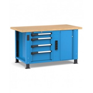 Banco professionale con 4 cassetti, morsa e allacciamenti, 150 cm, blu e antracite