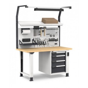 Banco professionale con 4 cassetti, parete e accessori, 150 cm, grigio e antracite