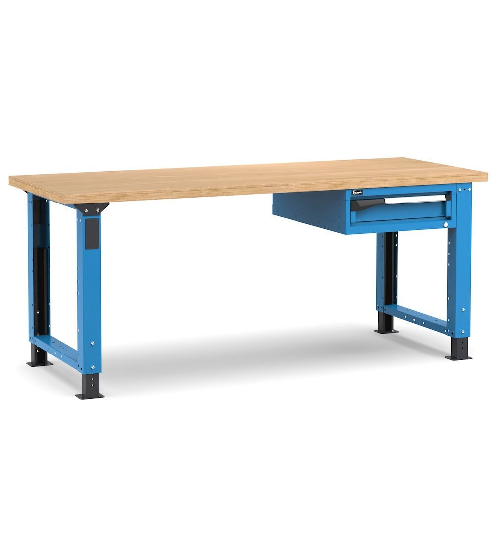 Banco professionale regolabile con 1 cassetto, 200 cm, blu e antracite