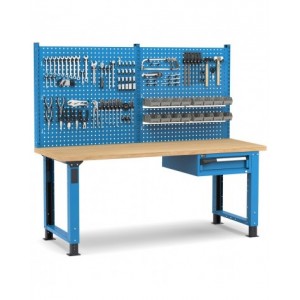 Banco professionale regolabile con parete e cassetto, 200 cm, blu e antracite