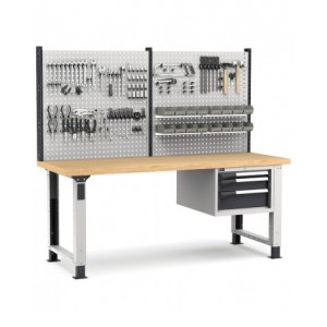 Banco professionale regolabile con parete e 3 cassetti, 200 cm, grigio e antracite