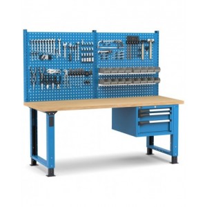 Banco professionale regolabile con parete e 3 cassetti, 200 cm, blu e antracite