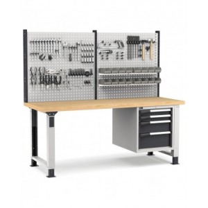 Banco professionale regolabile con parete e 4 cassetti 2x75 1x150 1x200, 200 cm, grigio e antracite