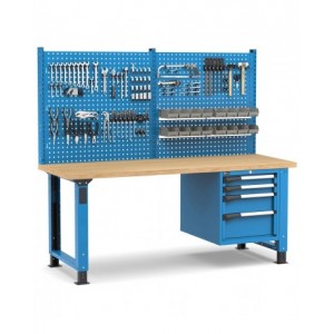 Banco professionale regolabile con parete e 4 cassetti 2x75 1x150 1x200, 200 cm, blu e antracite