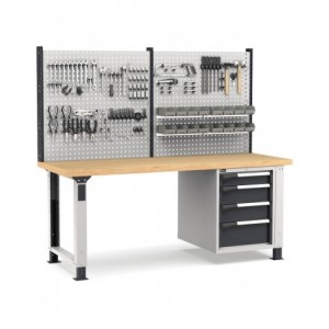 Banco professionale regolabile con parete e 4 cassetti 1x100 2x150 1x200, 200 cm, grigio e antracite