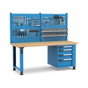 Banco professionale regolabile con parete e 4 cassetti 1x100 2x150 1x200, 200 cm, blu e antracite