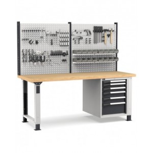 Banco professionale regolabile con parete e 6 cassetti, 200 cm, grigio e antracite