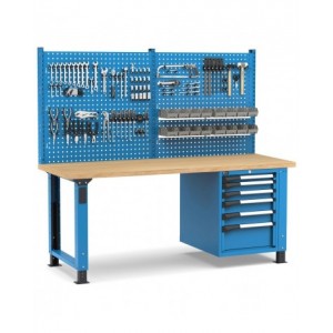 Banco professionale regolabile con parete e 6 cassetti, 200 cm, blu e antracite