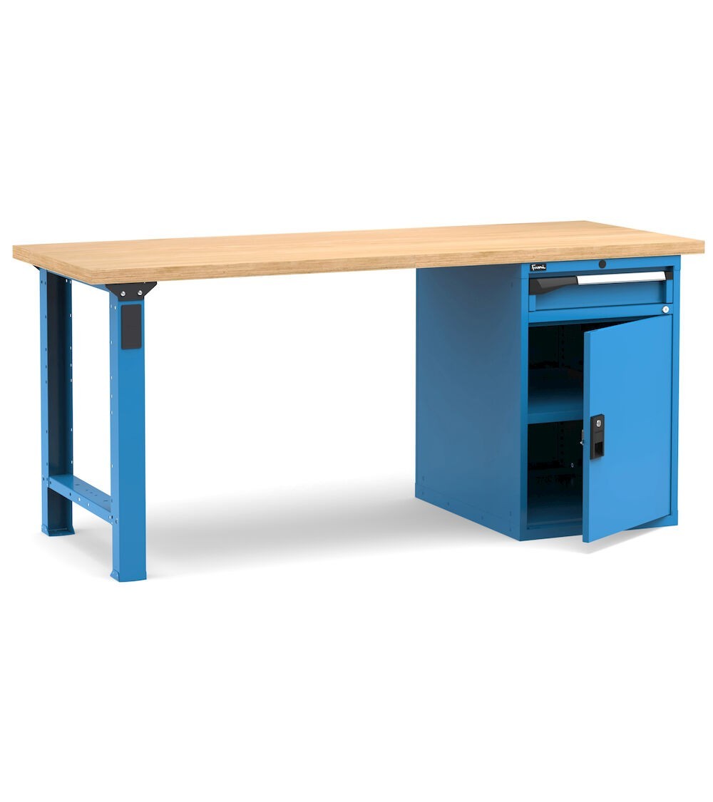 Banco professionale con porta, ripiano regolabile e 1 cassetto, 200 cm,  blu e antracite