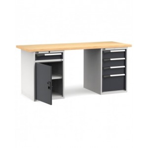 Banco professionale con porta, ripiano regolabile e 5 cassetti, 200 cm, grigio e antracite