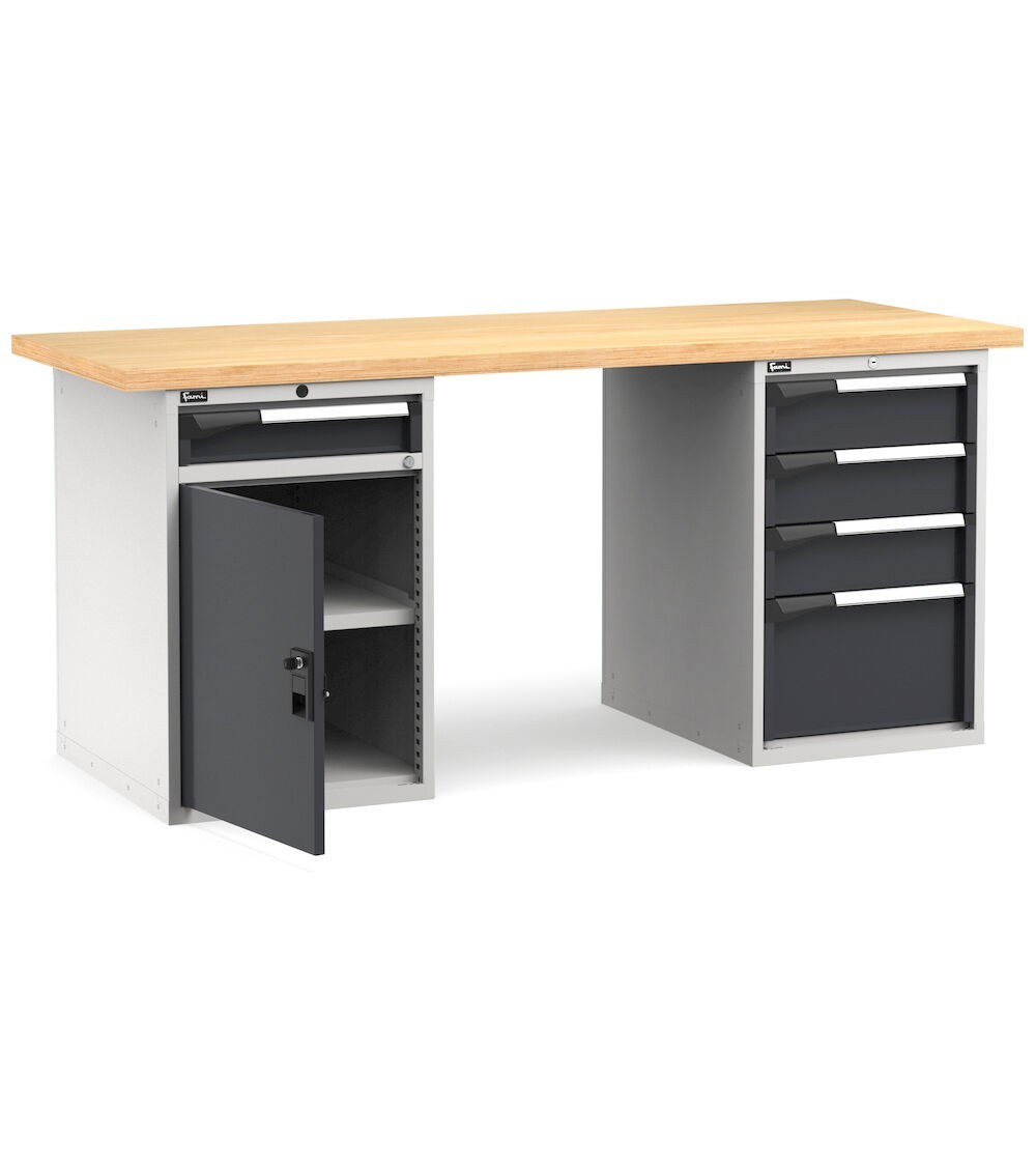 Banco professionale con porta, ripiano regolabile e 5 cassetti, 200 cm, grigio e antracite