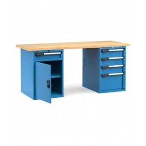 Banco professionale con porta, ripiano regolabile e 5 cassetti, 200 cm, blu