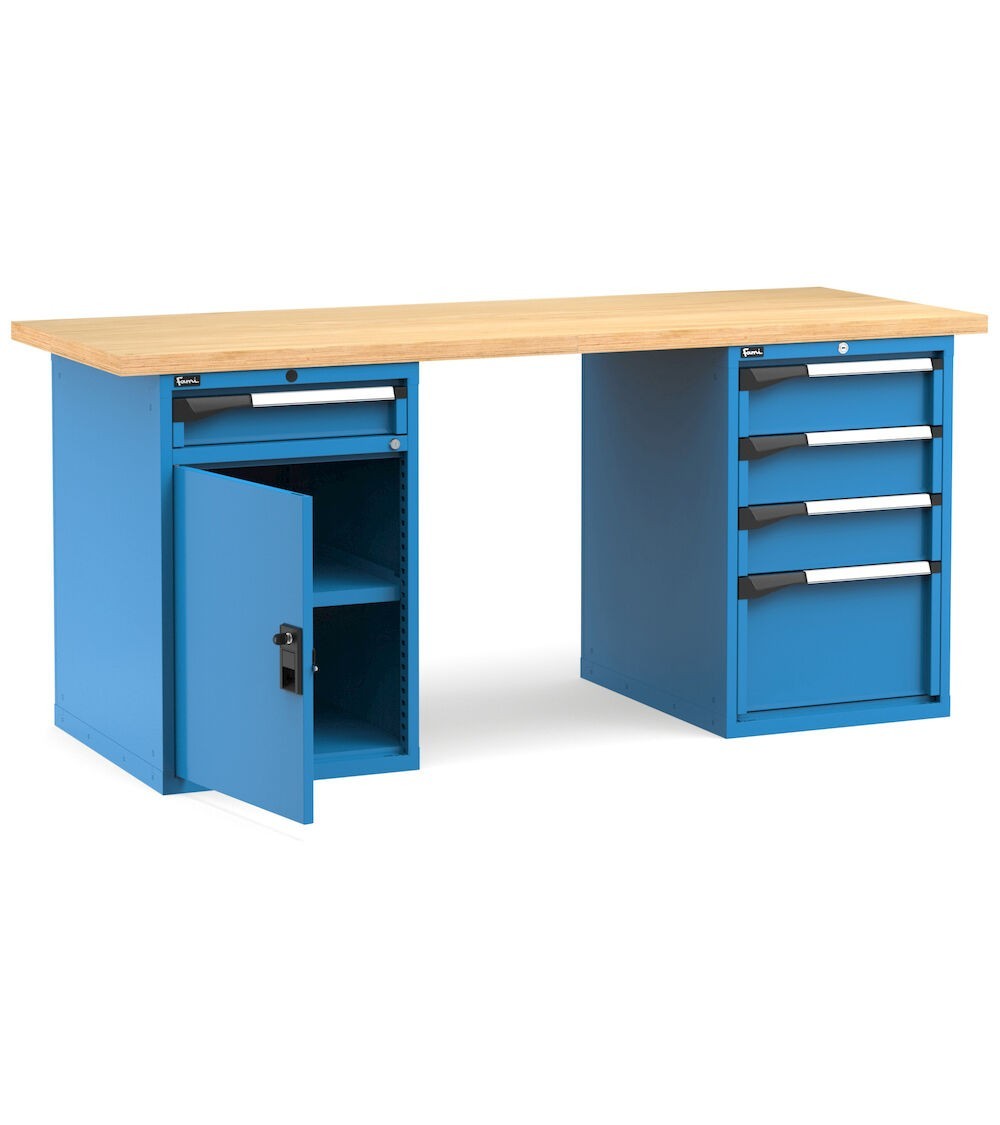 Banco professionale con porta, ripiano regolabile e 5 cassetti, 200 cm, blu