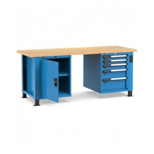 Banco professionale regolabile con 5 cassetti, porta e piano regolabile, 200 cm, blu e antracite
