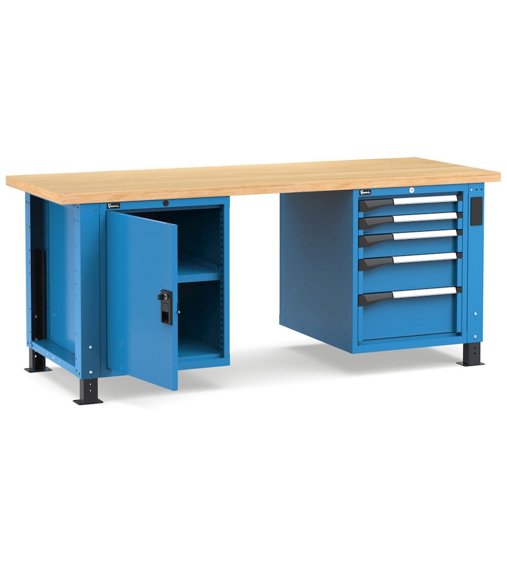 Banco professionale regolabile con 5 cassetti, porta e piano regolabile, 200 cm, blu e antracite