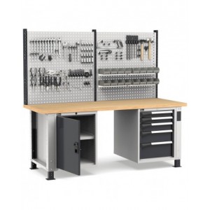 Banco professionale regolabile con parete, 5 cassetti e porta, 200 cm, grigio e antracite