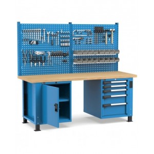 Banco professionale regolabile con parete, 5 cassetti e porta, 200 cm, blu e antracite