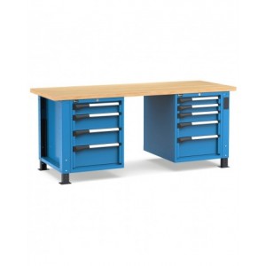 Banco professionale regolabile con 9 cassetti, 200 cm, blu e antracite