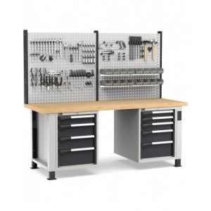 Banco professionale regolabile con parete e 9 cassetti, 200 cm, grigio e antracite