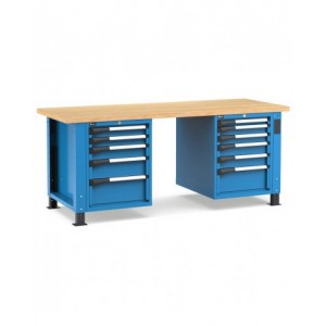 Banco professionale regolabile con 11 cassetti, 200 cm, blu e antracite