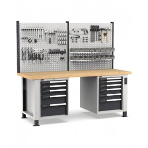 Banco professionale regolabile con parete e 11 cassetti, 200 cm, grigio e antracite