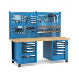 Banco professionale regolabile con parete e 11 cassetti, 200 cm, blu e antracite