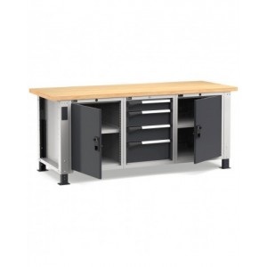 Banco professionale regolabile con  2 porte, 4 cassetti, 2 ripiani regolabili, 200 cm, grigio e antracite