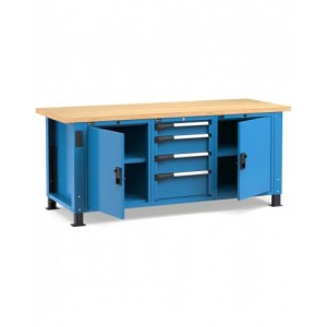 Banco professionale regolabile con  2 porte, 4 cassetti, 2 ripiani regolabili, 200 cm, blu e antracite