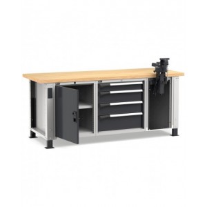 Banco professionale con 4 cassetti, anta, ripiano regolabile e morsa, 200 cm, grigio e antracite