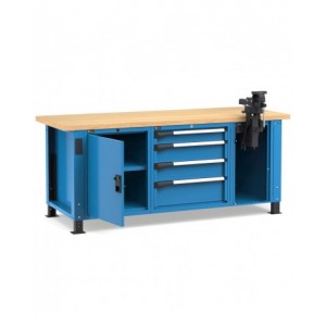Banco professionale con 4 cassetti, anta, ripiano regolabile e morsa, 200 cm, blu e antracite
