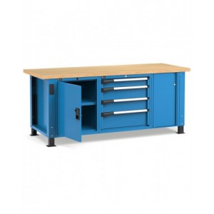 Banco professionale con 4 cassetti, anta, ripiano regolabile e morsa, 200 cm, blu e antracite