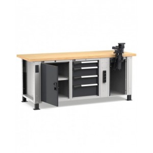 Banco professionale con 4 cassetti, anta, ripiano regolabile, morsa e allacciamenti, 200 cm, grigio e antracite