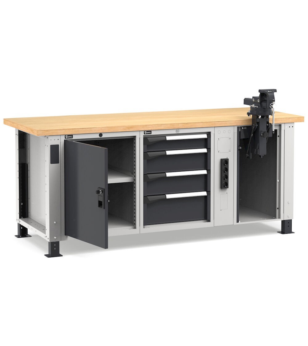 Banco professionale con 4 cassetti, anta, ripiano regolabile, morsa e allacciamenti, 200 cm, grigio e antracite