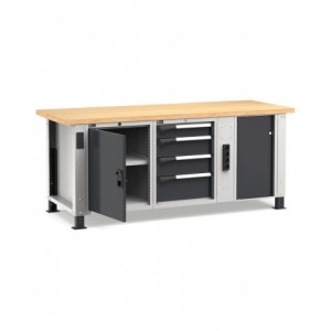 Banco professionale con 4 cassetti, anta, ripiano regolabile, morsa e allacciamenti, 200 cm, grigio e antracite