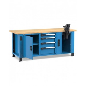 Banco professionale con 4 cassetti, anta, ripiano regolabile, morsa e allacciamenti, 200 cm, blu e antracite