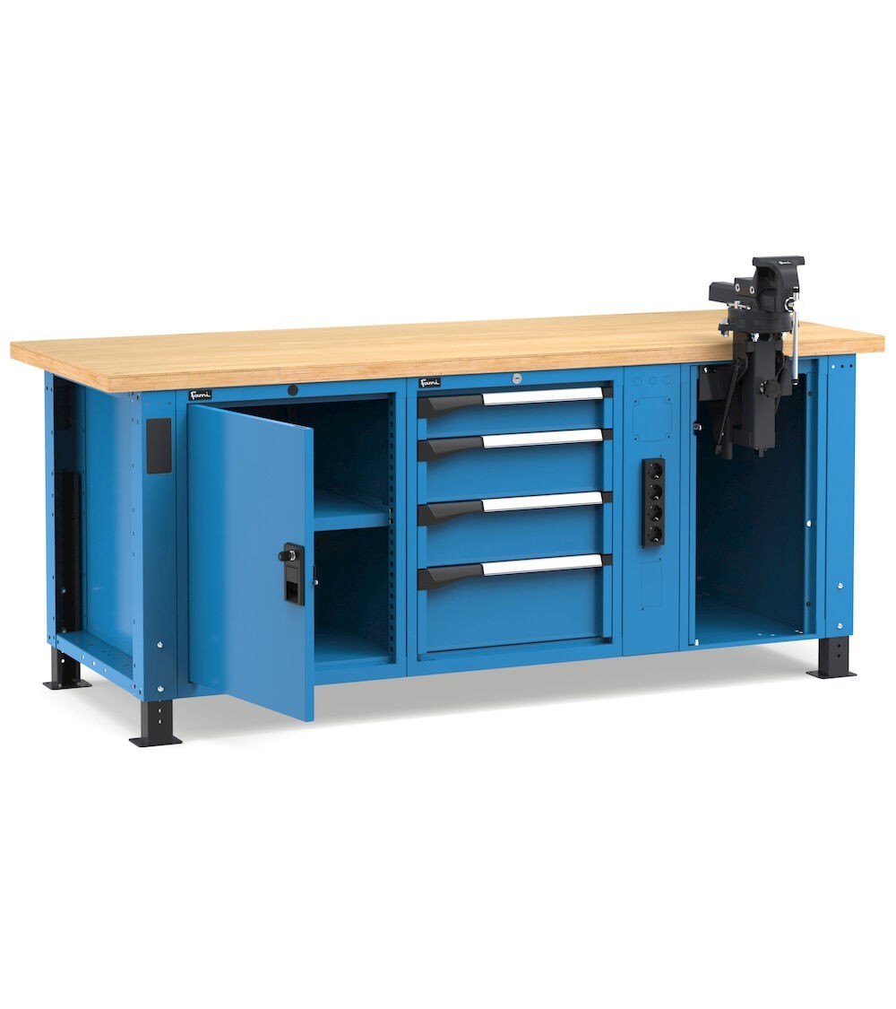 Banco professionale con 4 cassetti, anta, ripiano regolabile, morsa e allacciamenti, 200 cm, blu e antracite