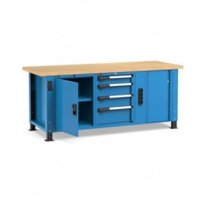 Banco professionale con 4 cassetti, anta, ripiano regolabile, morsa e allacciamenti, 200 cm, blu e antracite