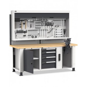 Banco professionale con 4 cassetti, anta, morsa e accessori, 200 cm, grigio e antracite