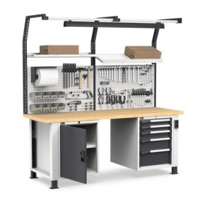 Banco professionale con 5 cassetti, parete, ripiano regolabile, porta e accessori, 200 cm, grigio e antracite