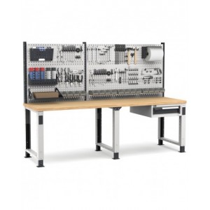 Banco professionale regolabile con parete e cassetto, 250 cm, grigio e antracite