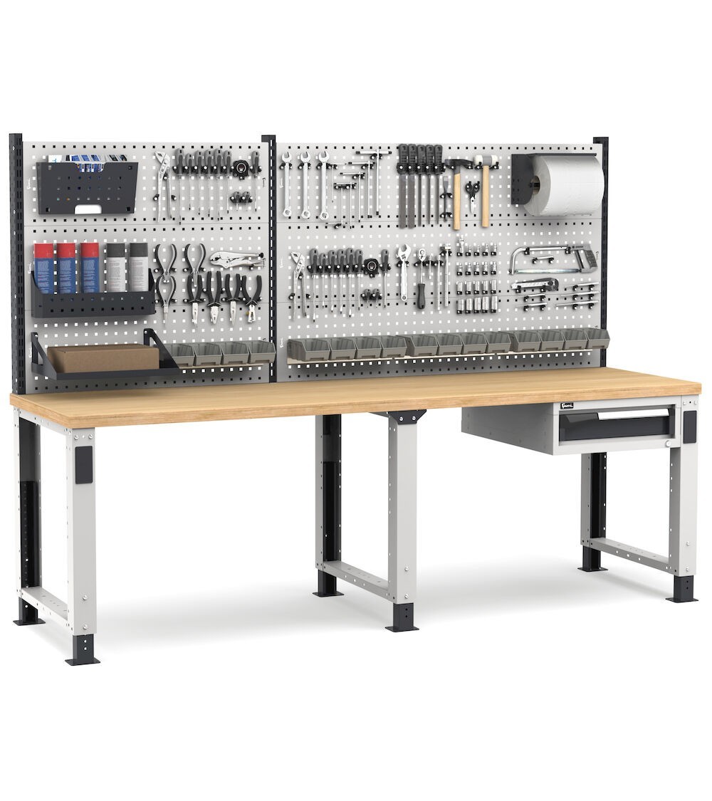 Banco professionale regolabile con parete e cassetto, 250 cm, grigio e antracite