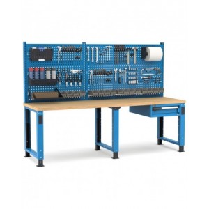 Banco professionale regolabile con parete e cassetto, 250 cm, blu e antracite