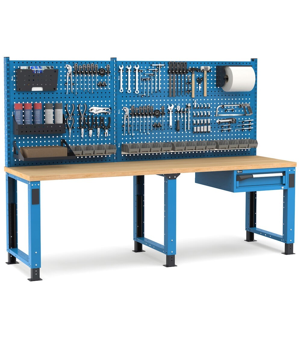 Banco professionale regolabile con parete e cassetto, 250 cm, blu e antracite