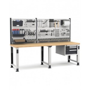 Banco professionale regolabile con parete e 3 cassetti, 250 cm, grigio e antracite