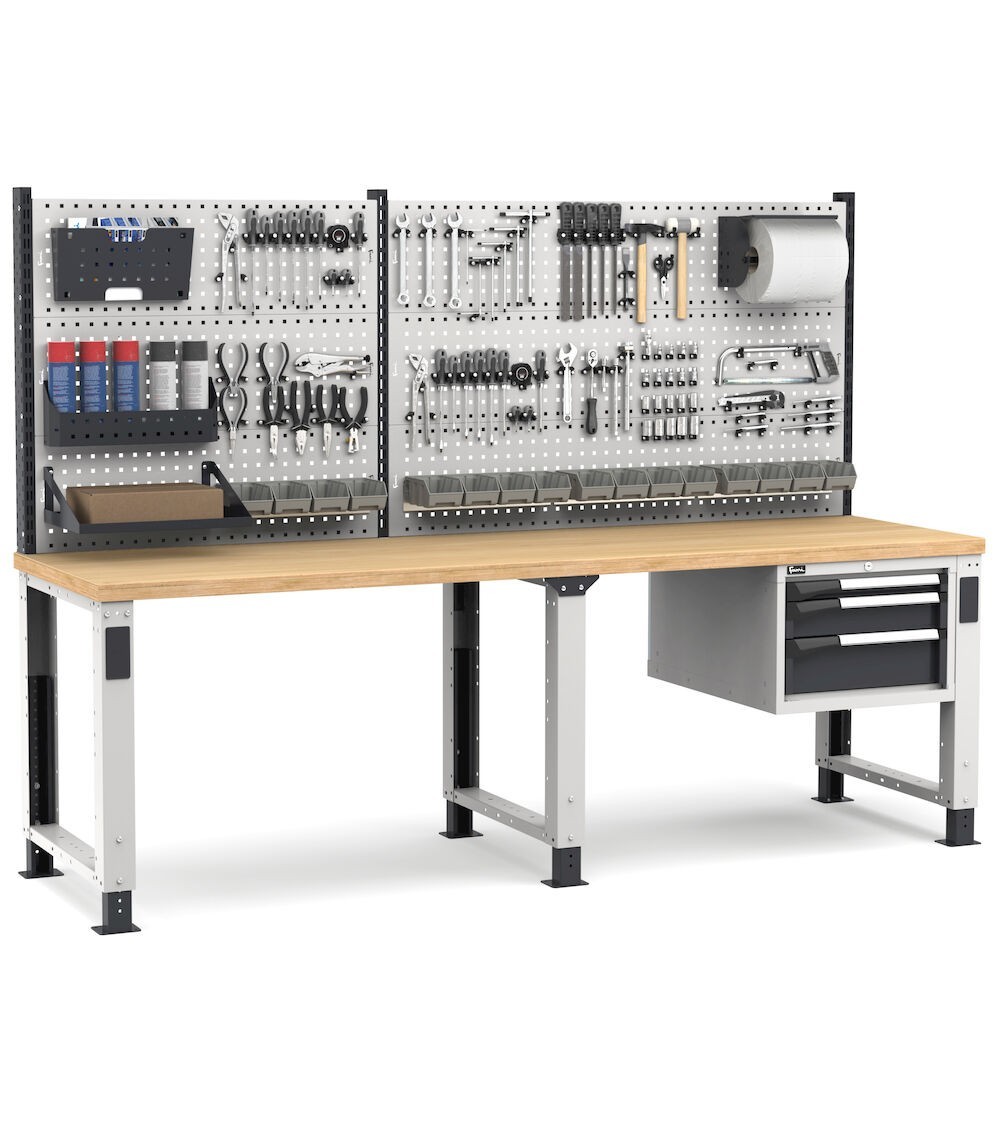 Banco professionale regolabile con parete e 3 cassetti, 250 cm, grigio e antracite