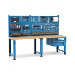 Banco professionale regolabile con parete e 3 cassetti, 250 cm, blu e antracite