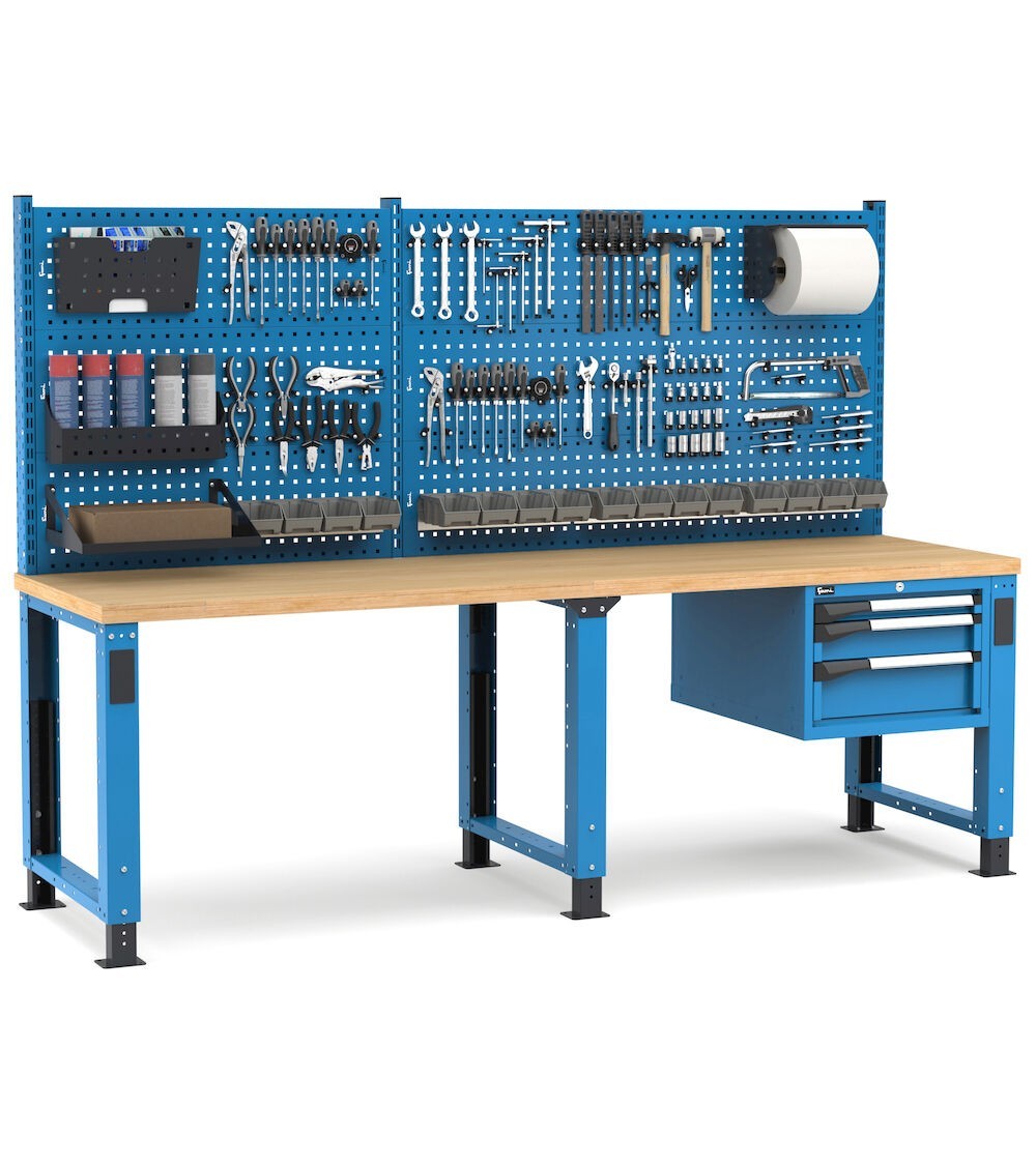 Banco professionale regolabile con parete e 3 cassetti, 250 cm, blu e antracite