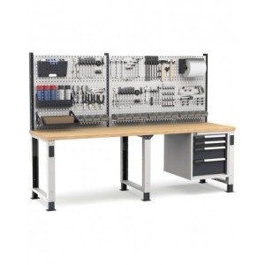 Banco professionale regolabile con parete e 4 cassetti 2x75 1x150 1x200, 250 cm, grigio e antracite