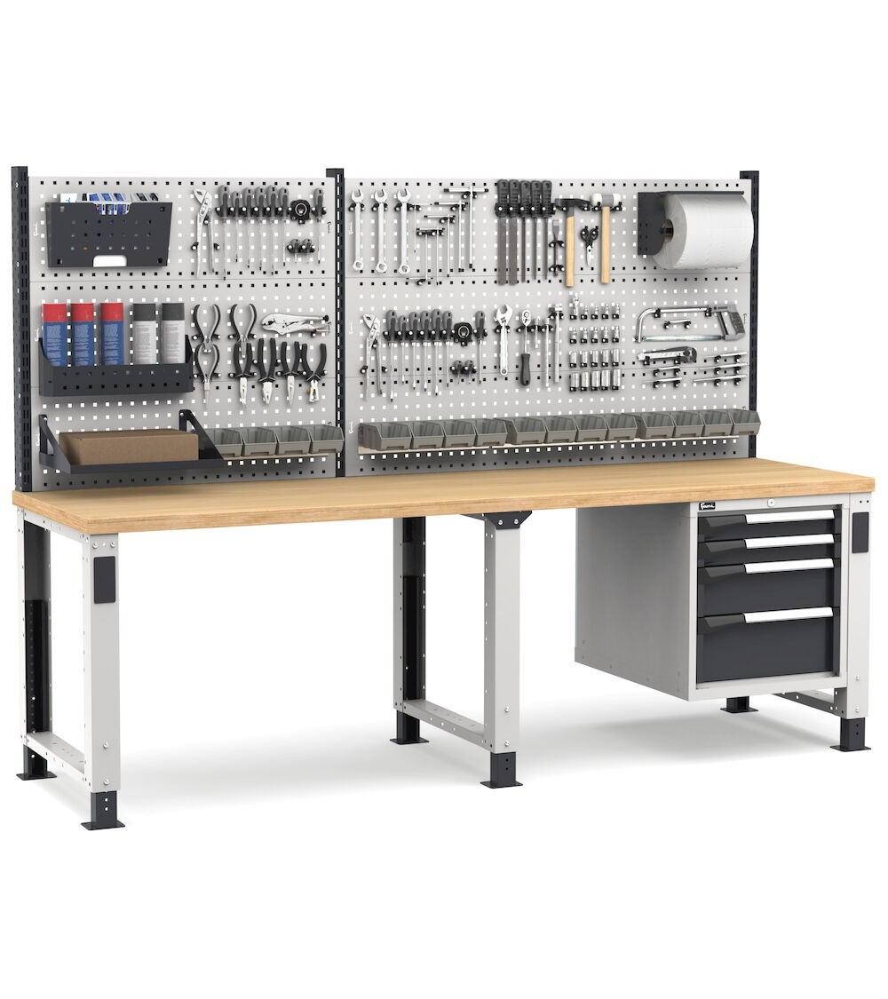 Banco professionale regolabile con parete e 4 cassetti 2x75 1x150 1x200, 250 cm, grigio e antracite