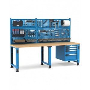 Banco professionale regolabile con parete e 4 cassetti 2x75 1x150 1x200, 250 cm, blu e antracite